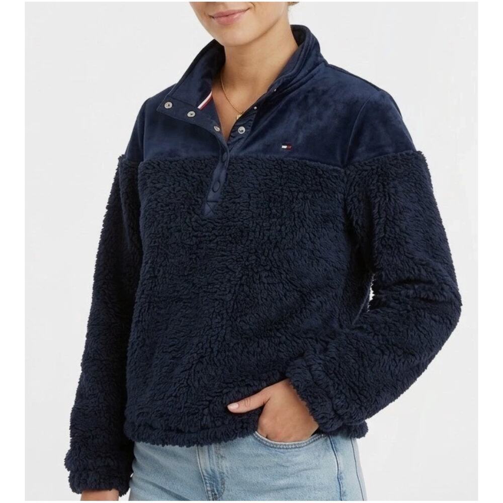 NEW Tommy Hilfiger Navy Blue Sherpa Pullover Snap Quarter Logo Women's XS Cozy